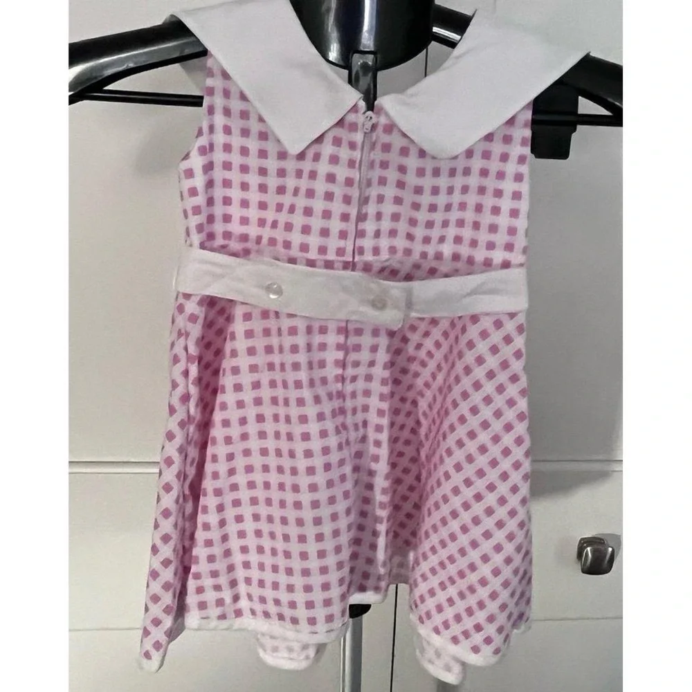 VTG Toddler Girl Dress Size 4 Pink Gingham Flower Applique Bow‎ Collar Thailand